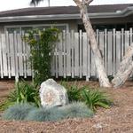 The front fence encloses the property for privacy while providing a background for additional plantings and rock accent.